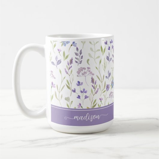 Personalized Lavender Floral Mug コーヒーマグカップ (左)