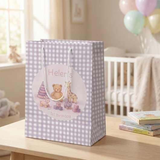 Personalized Lavender Gingham 1st Birthday  ミディアムペーパーバッグ