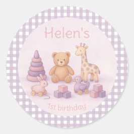 Personalized Lavender Gingham 1st Birthday  ラウンドシール