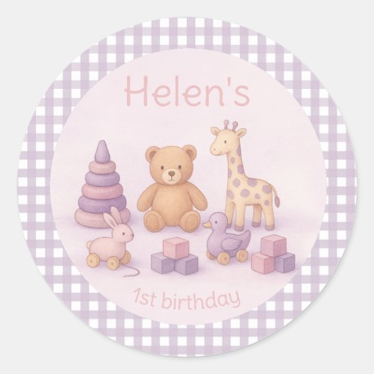 Personalized Lavender Gingham 1st Birthday  ラウンドシール (正面)