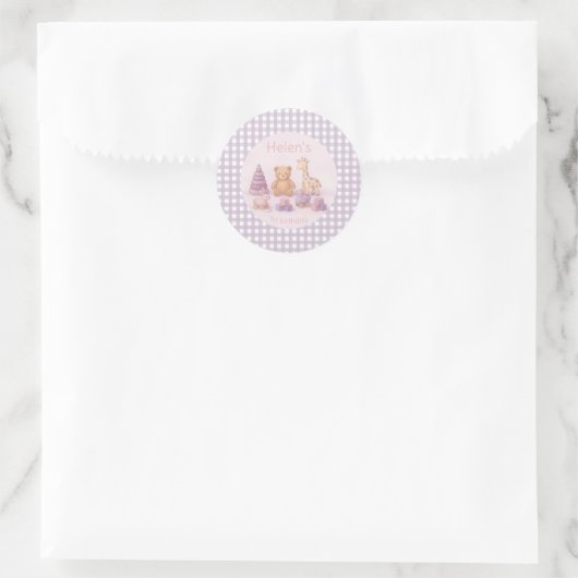 Personalized Lavender Gingham 1st Birthday  ラウンドシール (バッグ)