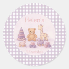 Personalized Lavender Gingham 1st Birthday  ラウンドシール