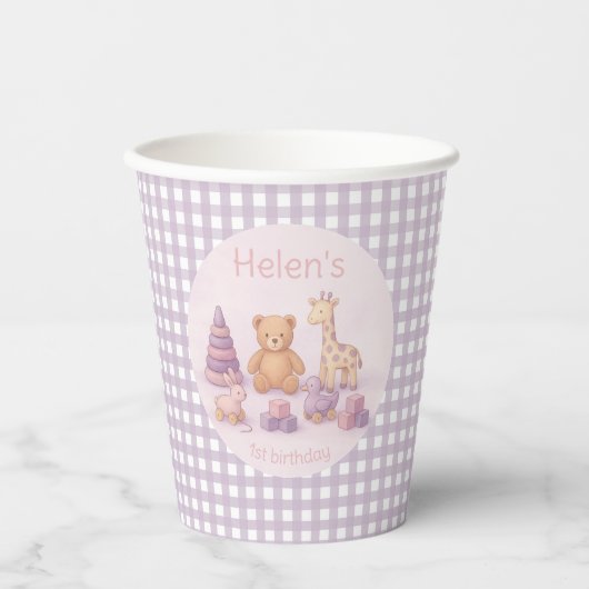 Personalized Lavender Gingham 1st Birthday  紙コップ (正面)