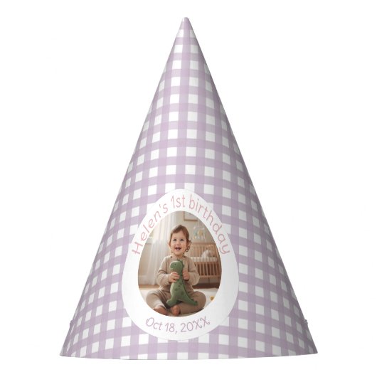 Personalized Lavender Gingham 1st Birthday Photo パーティーハット (正面)