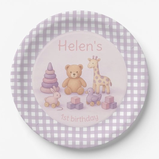 Personalized Lavender Gingham Baby Shower  ペーパープレート (正面)