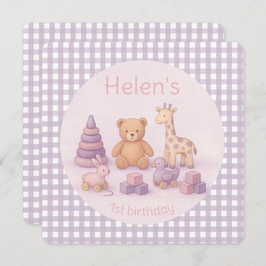 Personalized Lavender Gingham Birthday Invitation 招待状 (正面/裏面)
