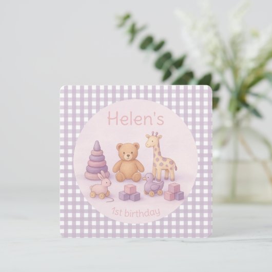 Personalized Lavender Gingham Birthday Invitation 招待状 (スタンド正面)