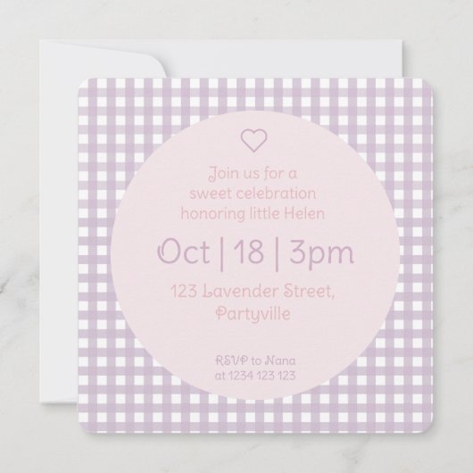 Personalized Lavender Gingham Birthday Invitation 招待状 (裏面)