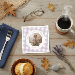 Personalized Lavender Gingham Birthday Photo スタンダードカクテルナプキン