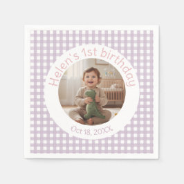 Personalized Lavender Gingham Birthday Photo スタンダードカクテルナプキン