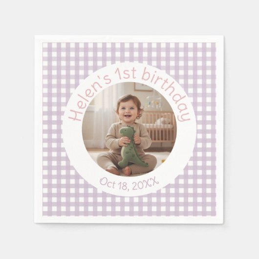 Personalized Lavender Gingham Birthday Photo スタンダードカクテルナプキン (正面)