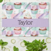 Personalized Lavender Teal Cupcake Pattern キッチンタオル (折り畳み)