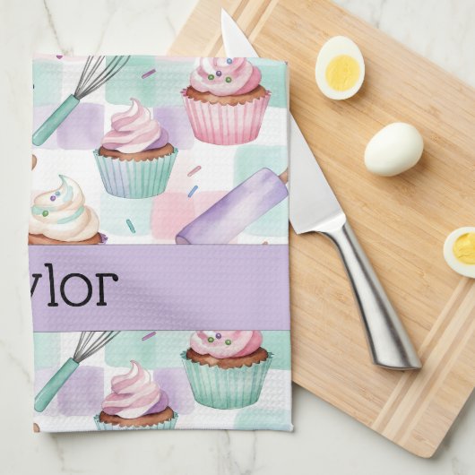 Personalized Lavender Teal Cupcake Pattern キッチンタオル (四つ折り)