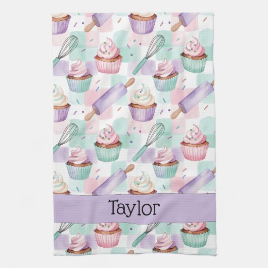 Personalized Lavender Teal Cupcake Pattern キッチンタオル (縦)