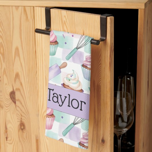 Personalized Lavender Teal Cupcake Pattern キッチンタオル (三つ折り)