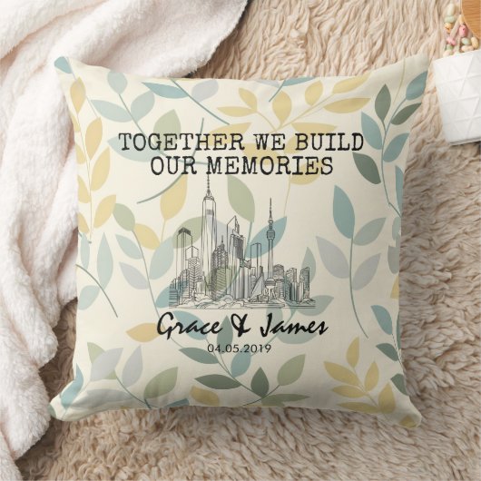 Personalized Leaf Pattern Skyline Couple Pillow クッション (ブランケット)