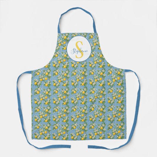 Personalized Lemon Watercolor Blue Tile Pattern エプロン (正面)