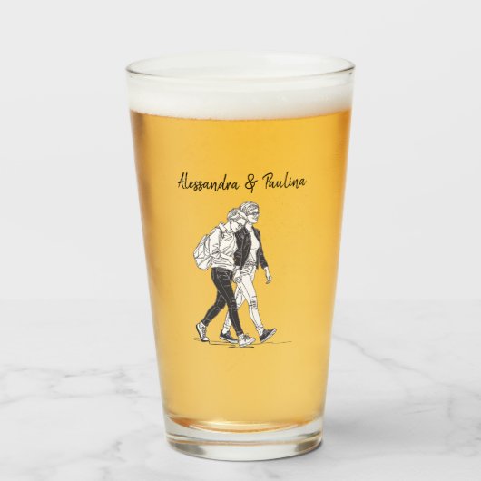 Personalized Lesbian Couple Walking Line Art タンブラーグラス (ドリンク正面)
