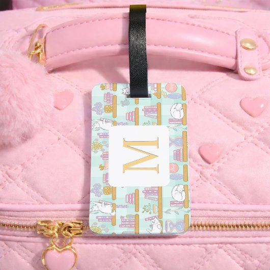 Personalized Letter Cats Library Book Girl Green ラゲッジタグ