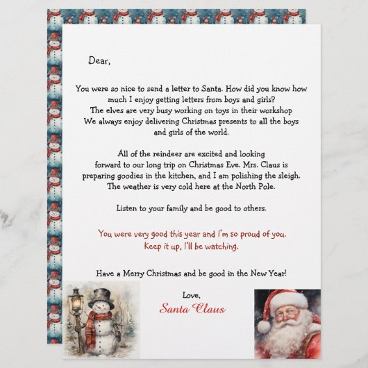 Personalized Letter From Santa Snowman (正面/裏面)