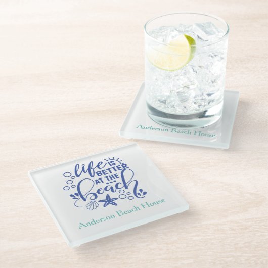 Personalized Life is Better at Beach Blue Green ガラスコースター (アングル)
