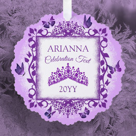 Personalized Lilac Purple Tiara & Butterflies オーナメントカード