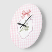 Personalized Lilly Baby Girl Nursery Bow&Gingham  ラージ壁時計 (傾斜)