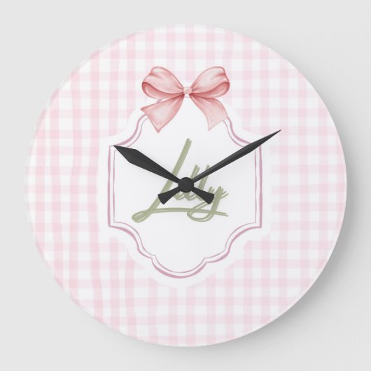 Personalized Lilly Baby Girl Nursery Bow&Gingham  ラージ壁時計 (正面)