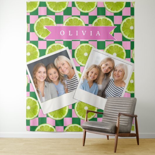Personalized Lime Gingham Citrus Custom Name タペストリー (インサイチュ)