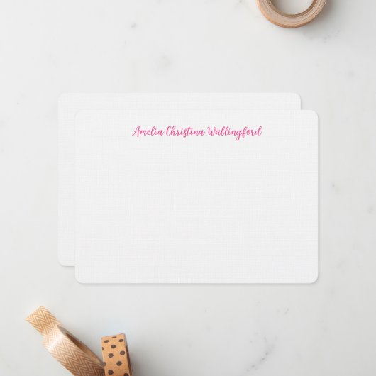 Personalized Linen Flat Note Card White and Pink ノートカード (正面/裏面インサイチュ)