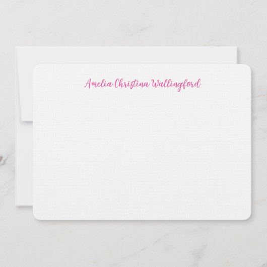 Personalized Linen Flat Note Card White and Pink ノートカード (正面)
