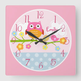 Personalized Love Birds and Owl on Branch  Clock スクエア壁時計