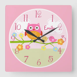 Personalized Love Birds and Owl on Branch  Clock スクエア壁時計
