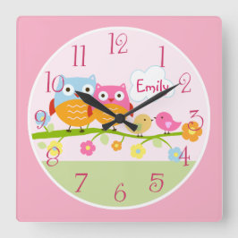 Personalized Love Birds and Owls on Branch  Clock スクエア壁時計