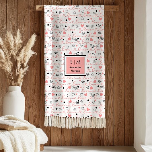 Personalized Love Gift Blanket Pink Black Hearts フリースブランケット