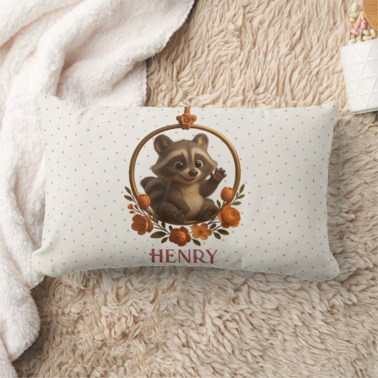 Personalized Lumbar Pillow – Woodland Raccoon Baby ランバークッション (ブランケット)