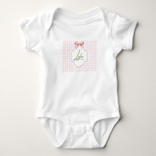 Personalized Lyla Baby Girl Nursery Bow&Gingham ベビーボディスーツ (正面)