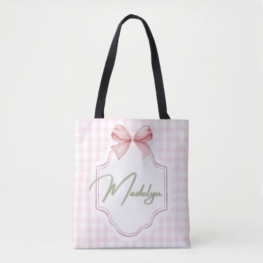 Personalized Madeline Baby Girl Nursery BowGingham トートバッグ (正面)