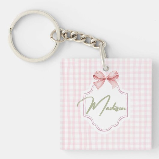 Personalized Madison Baby Girl Nursery Bow&Gingham キーホルダー (正面)