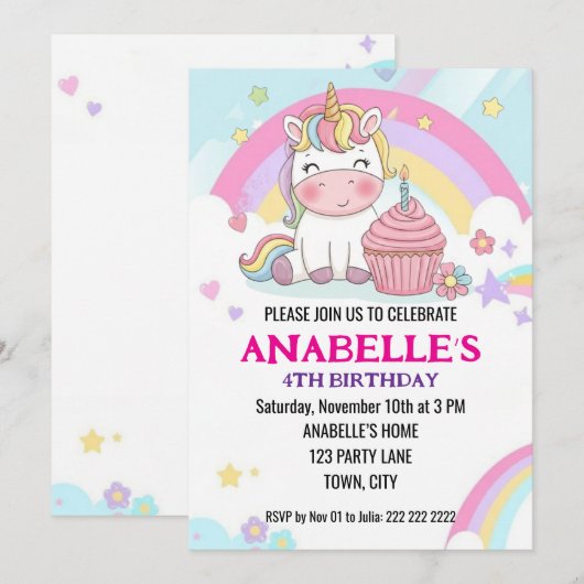 Personalized Magical Rainbow Unicorn Birthday  招待状 (正面/裏面)