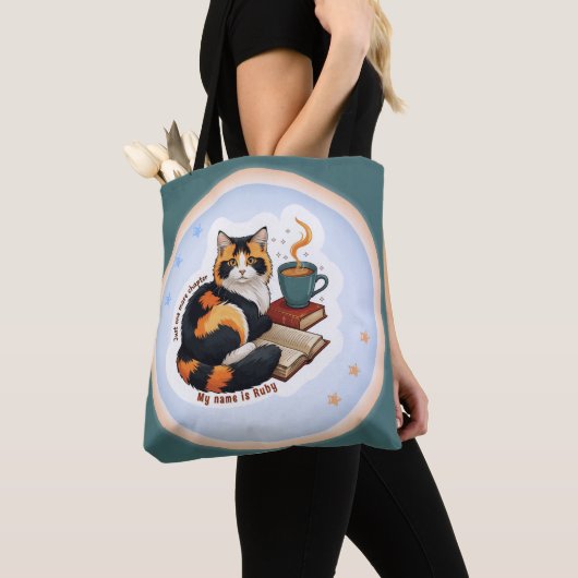 Personalized Magical Teal Calico Cat Bookworm Tote トートバッグ (クローズアップ)