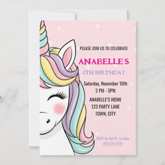 Personalized Magical Unicorn Birthday  招待状 (正面)
