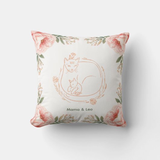 Personalized Mama Cat & Kitten Floral Throw Pillow クッション (正面)