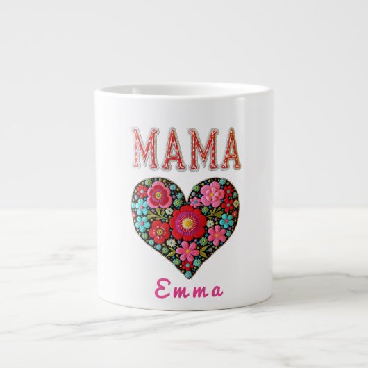 Personalized Mama Heart Floral Custom Gift ジャンボコーヒーマグカップ (正面)