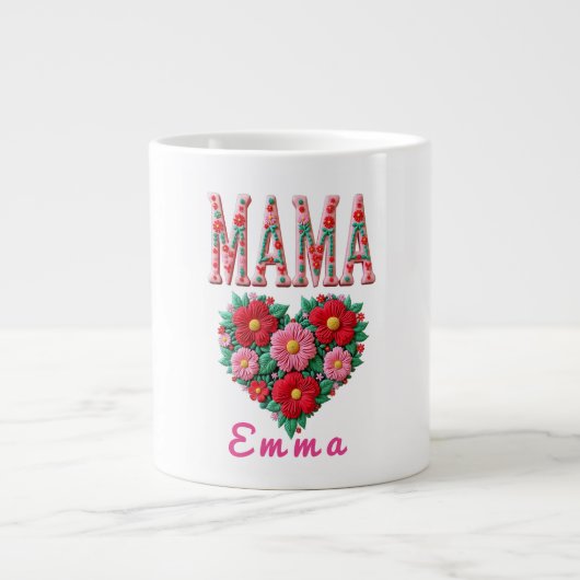 Personalized Mama Heart Floral Custom Gift ジャンボコーヒーマグカップ (正面)