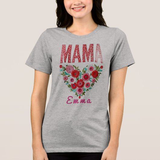 Personalized Mama Heart Floral Custom Gift トライブレンドＴシャツ (正面)