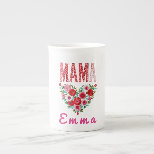 Personalized Mama Heart Floral Custom Gift ボーンチャイナマグカップ (正面)