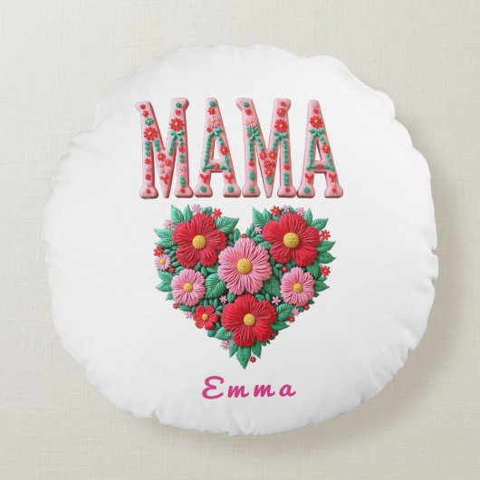 Personalized Mama Heart Floral Custom Gift ラウンドクッション (正面)