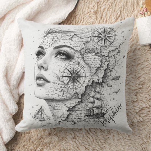 Personalized Map Compass Woman Art Vintage Chic クッション (ブランケット)