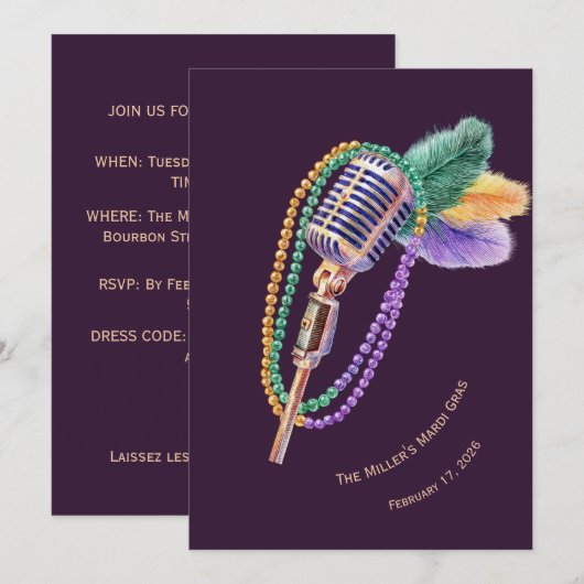 Personalized Mardi Gras Jazz Party Invitation 招待状 (正面/裏面)